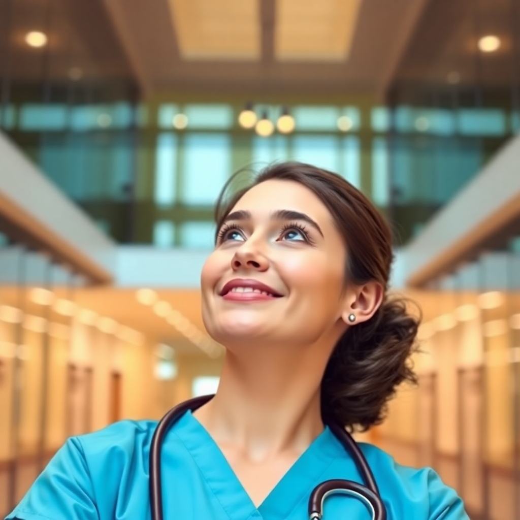 Picture a nurse looking off into the future, set in a modern building. They have just received their license. They feel confident, and you can see the accomplishment on their face. Warm and friendly color palette.