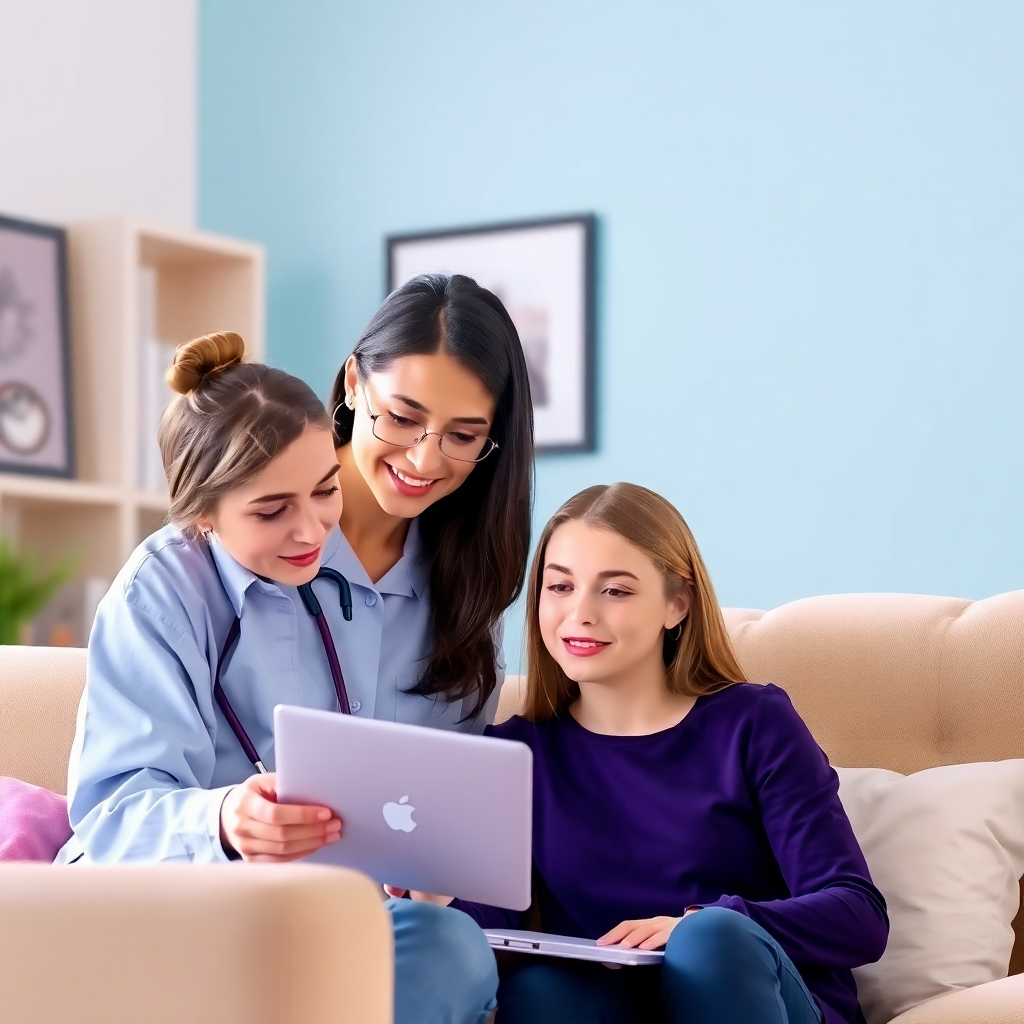 Picture a nurse mentor going over material with a student. Depict this image in a comfortable online learning environment. Convey a warm and professional learning environment. Use colors such as blues, purples, and greens.