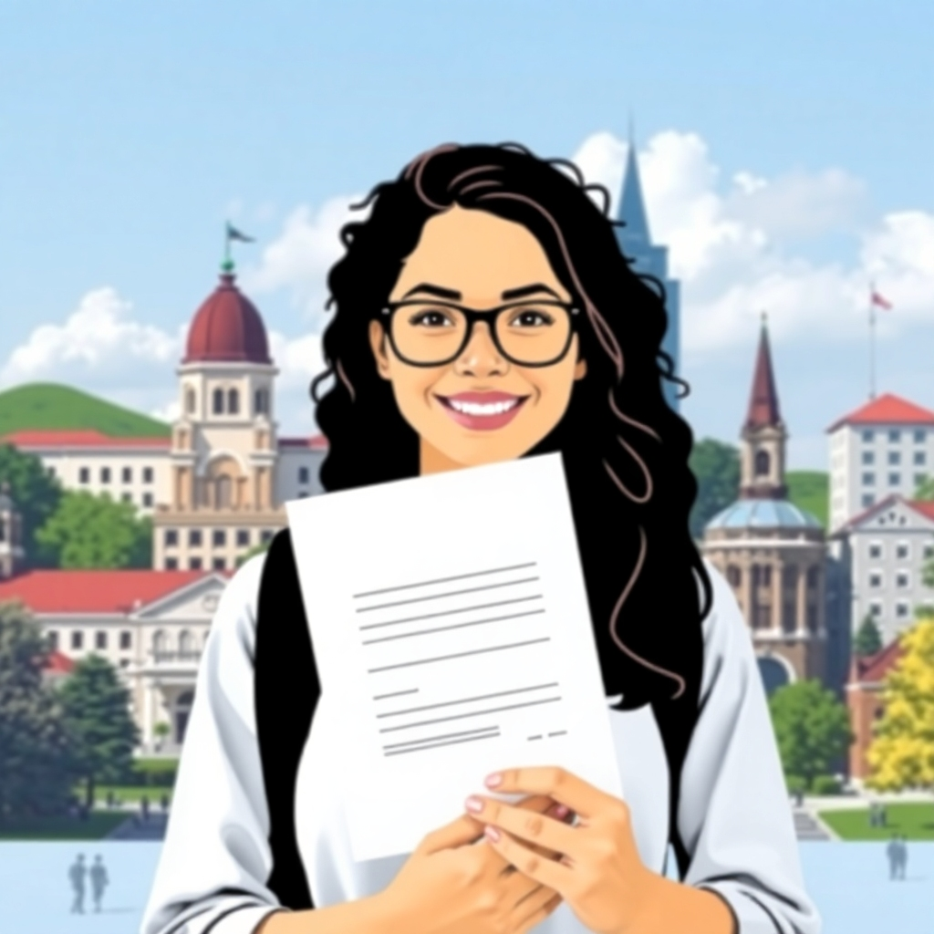 Show an array of different campuses. In the foreground, show a student with an acceptance letter in hand. Convey the transfer process in an easy way. Style should be clean and easy to comprehend.