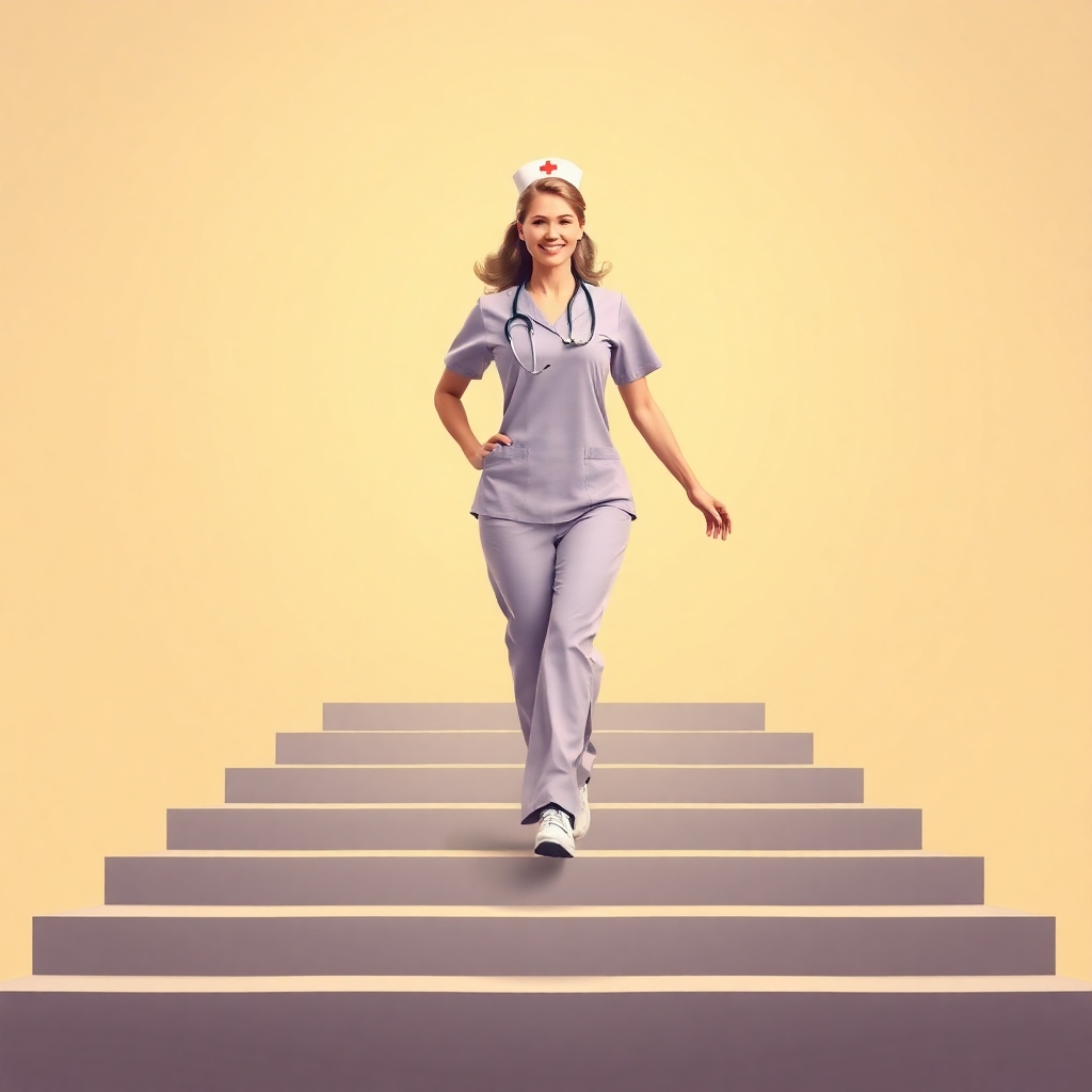Visualize a nurse confidently striding forward. Subtle background shows a series of steps leading up with motivational words at each. Use a warm, inviting color palette. Style should be modern and empowering.