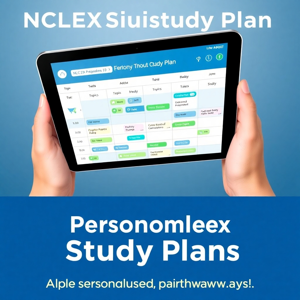 Visualize a personalized digital study plan for NCLEX preparation. The image should showcase a tablet displaying a dynamic schedule, featuring topics, dates, and progress tracking. Use a clean, modern design with a calming blue and green color scheme. Incorporate icons representing different study methods, such as flashcards, practice quizzes, and video lectures. The overall feeling should be organized, efficient, and empowering. The style should be digital art, emphasizing clarity and ease of understanding. Focus on the visual representation of personalized learning pathways.