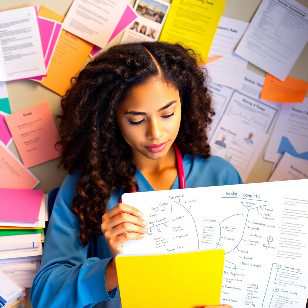 Visualize a student surrounded by helpful study aids: flashcards, notes, and a whiteboard filled with mind maps and key concepts. The student is focused and engaged, using effective strategies to absorb information. The lighting should be bright and inviting, conveying a sense of energy and motivation. The color palette should be vibrant and stimulating, representing the power of effective learning. The image should emphasize the active and strategic nature of NCLEX preparation. The style should be slightly stylized, emphasizing the visual elements and the feeling of focused learning.