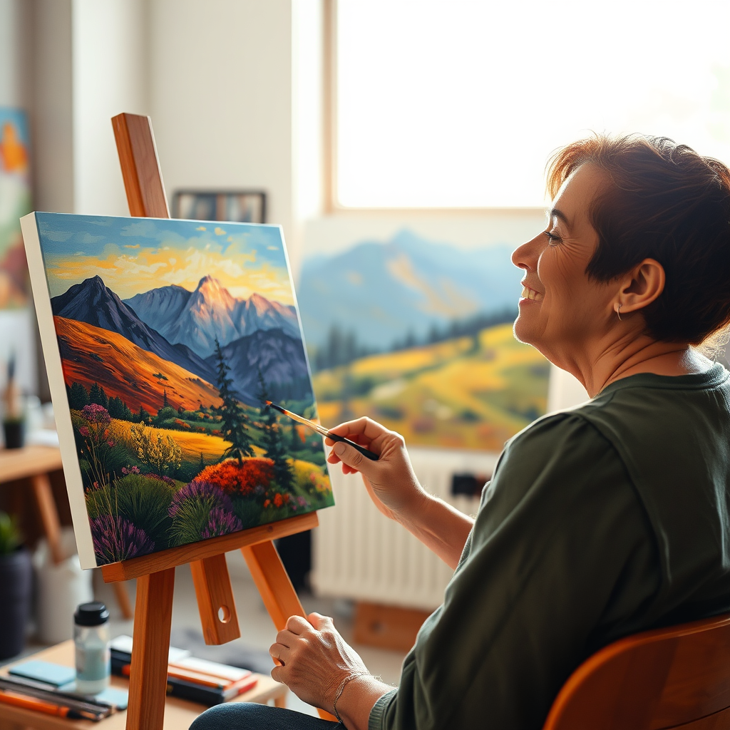A brightly lit studio, someone painting a vibrant and colorful landscape, with visible signs of peace and relaxation on their face. The scene suggests a safe place to explore inner emotions. The subject is a serene nature scape that invites peace and healing. Style: Impressionistic realism. Technical specs: High Resolution.