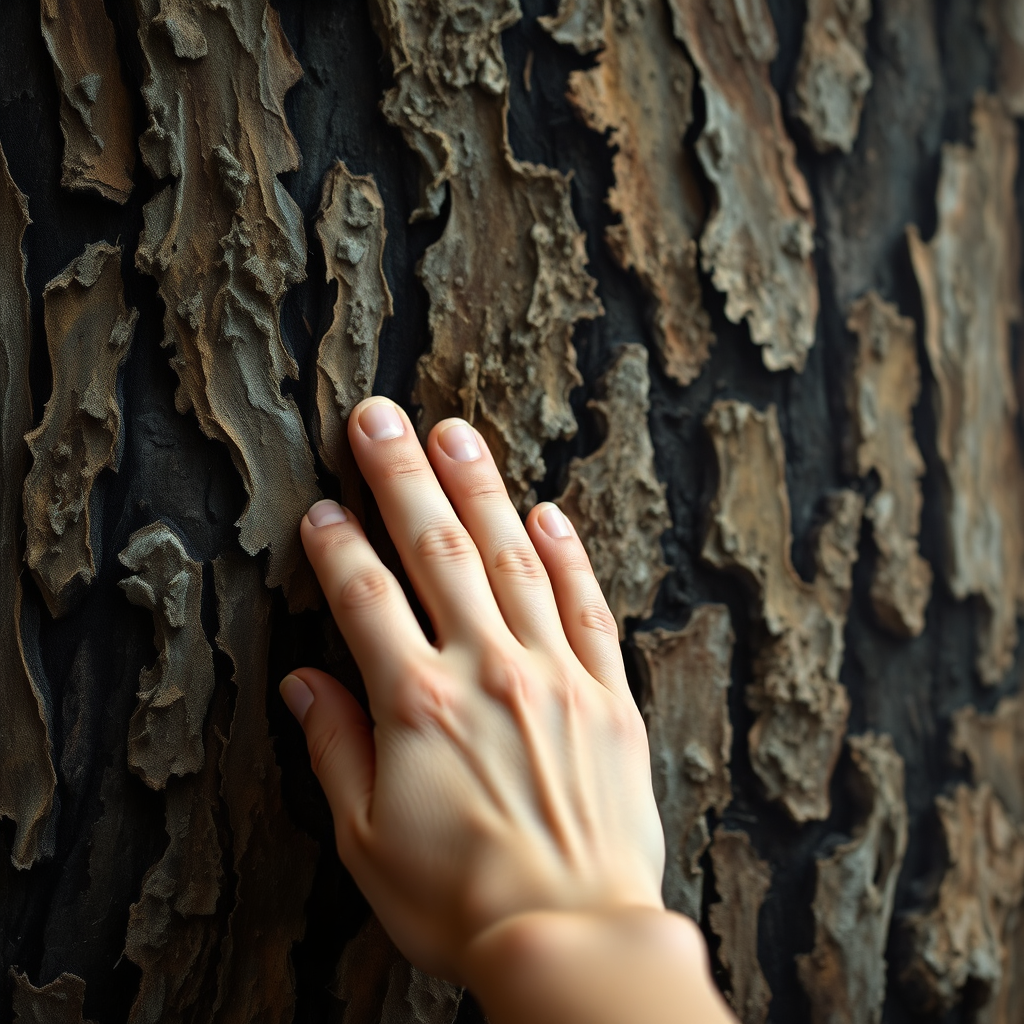A close-up image of a person's hands gently touching the texture of a painting depicting a close-up of tree bark. The texture should be highly detailed and realistic, inviting the viewer to engage with the artwork on a tactile level. The lighting should be soft and diffused, creating a sense of calm and focus. Emphasize the mindful connection between the viewer and the artwork, highlighting the therapeutic benefits of sensory engagement.