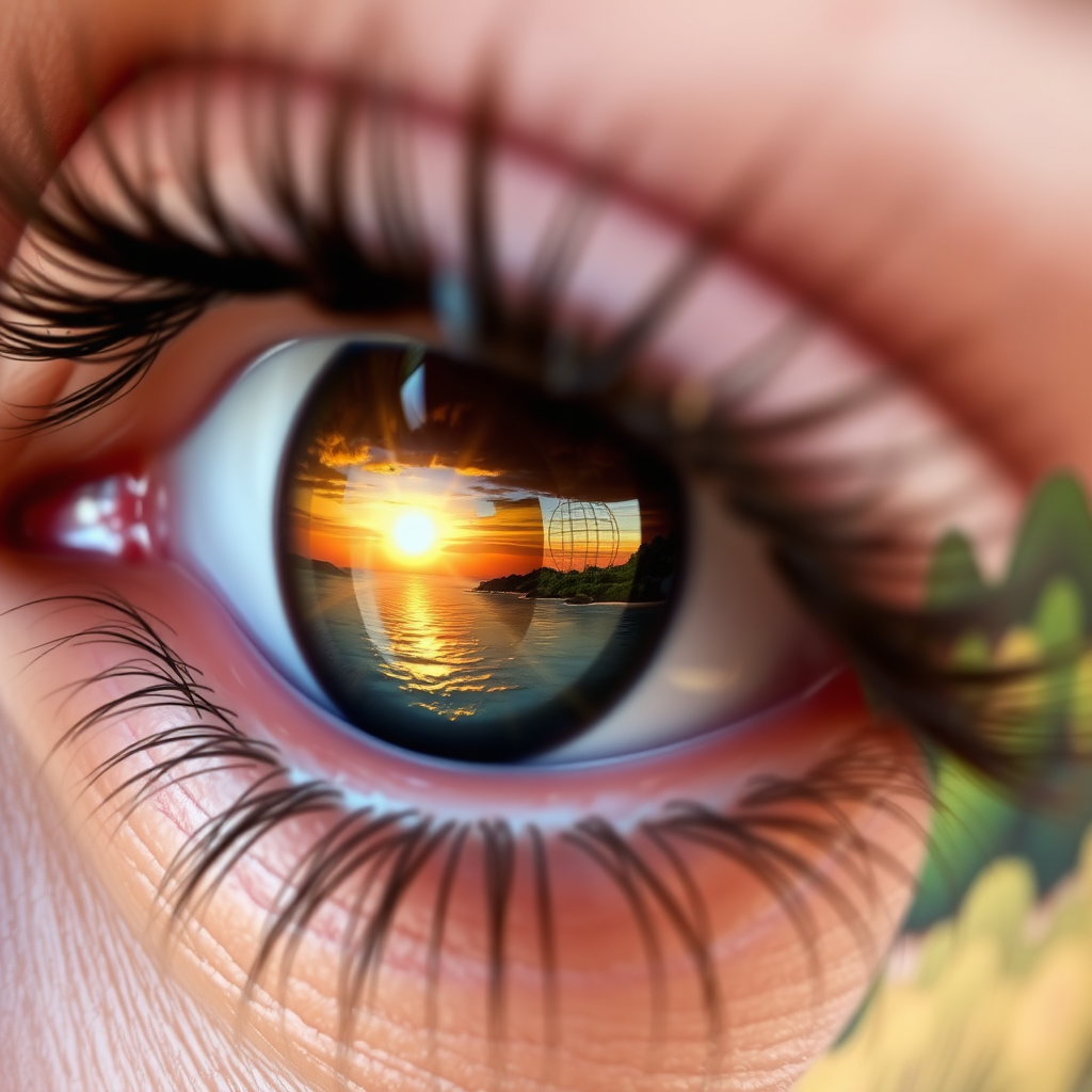 A close-up image of a person's eye reflecting a detailed landscape painting. The reflection should be clear and vibrant, showcasing the immersive quality of the art. The painting should depict a peaceful scene, such as a sunrise over a calm ocean or a lush forest clearing. Emphasize the emotional connection between the viewer and the artwork, highlighting the therapeutic benefits of visual engagement.