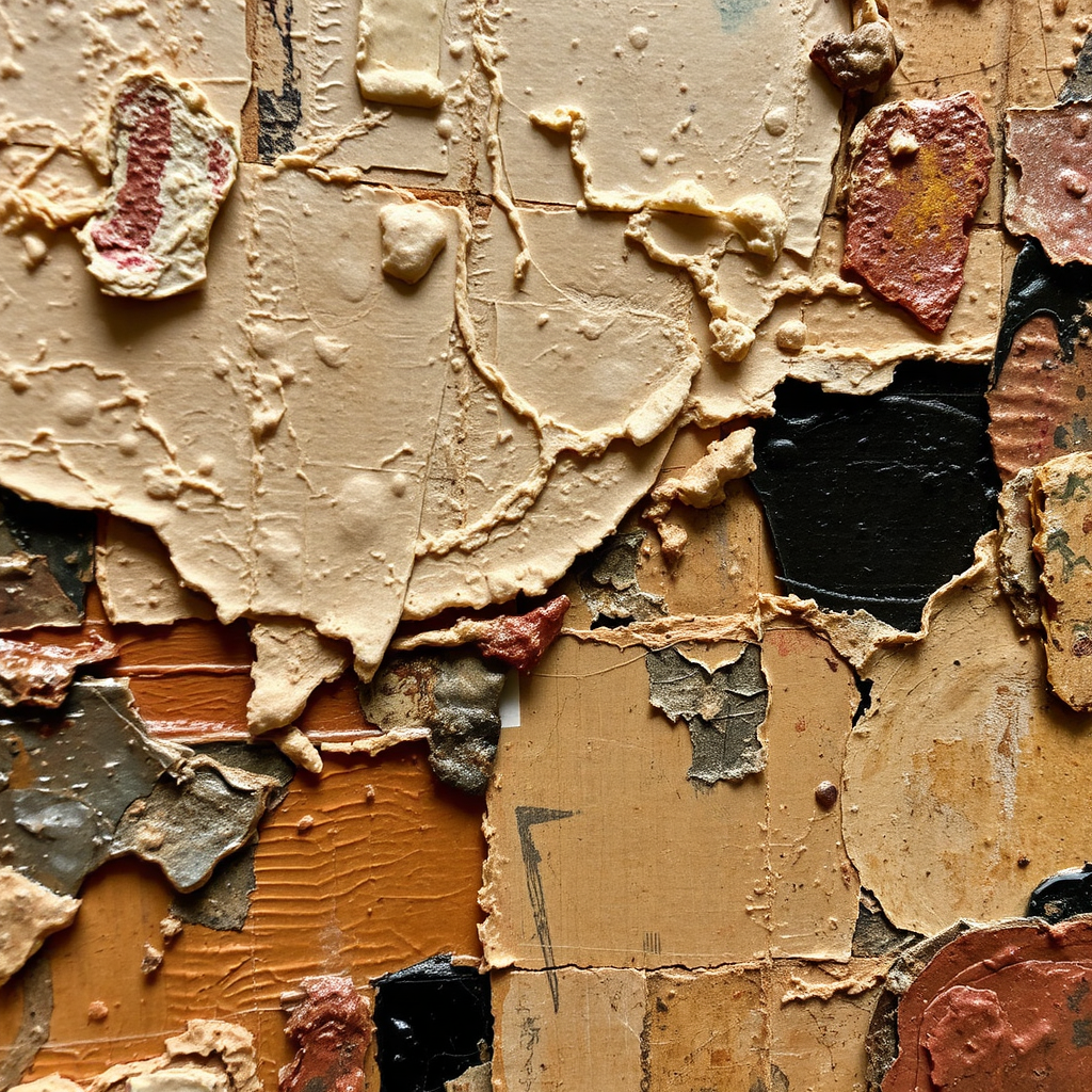 A close-up image of an abstract painting featuring a variety of textures. Thick layers of impasto paint create a raised surface, while embedded pieces of fabric and paper add further tactile interest. The colors are a mix of earthy tones and metallic accents. Strong side lighting to emphasize the textures. Style: Mixed media. Technical specs: 4K resolution, high detail.