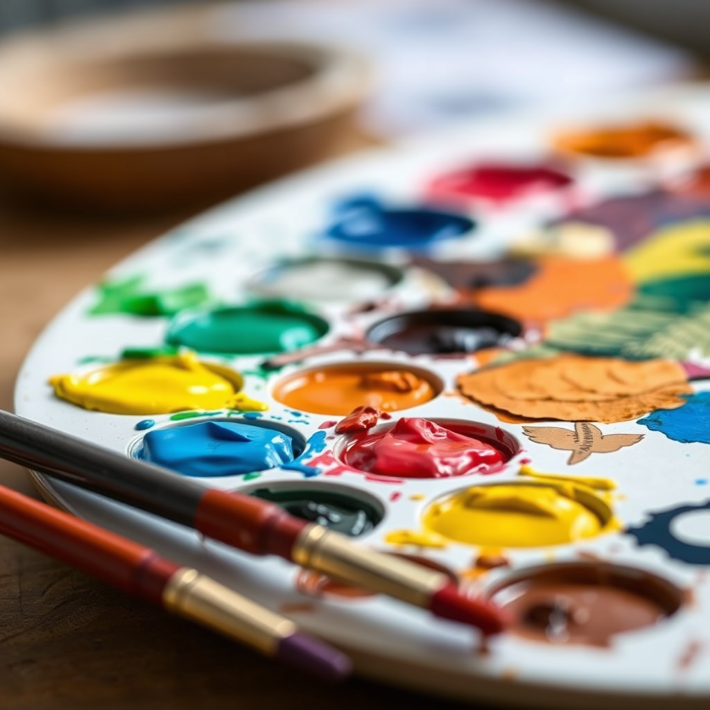 A close-up photograph of a painter's palette filled with vibrant colors inspired by different bird species. The palette includes a variety of blues, greens, yellows, reds, and browns, arranged in a visually appealing manner. Paintbrushes rest beside the palette, ready for use. The background is blurred to emphasize the colors. The lighting is soft and natural, highlighting the texture and richness of the paints. Technical specs: 4K resolution, macro photography.