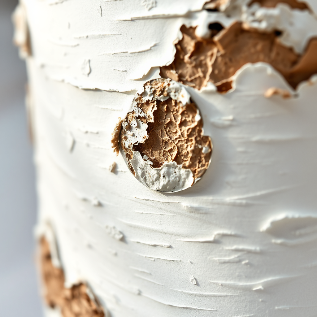 A close-up, photorealistic image of a section of handcrafted paper birch art, focusing on the intricate patterns and textures of the bark. Soft, natural light highlights the delicate details, creating a sense of calm and serenity. The color palette is predominantly white and brown, with subtle variations in tone. The image should evoke a sense of peacefulness and connection to nature. Style reference: Macro photography, natural light. Technical specs: High resolution, shallow depth of field.