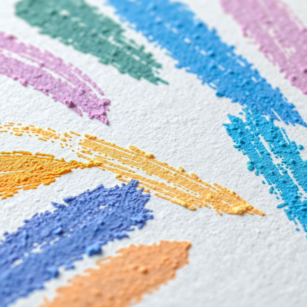 A close-up photorealistic image showing expressive pastel strokes on textured paper. Focus on a variety of stroke techniques. Technical specifications: 4K resolution, high quality.