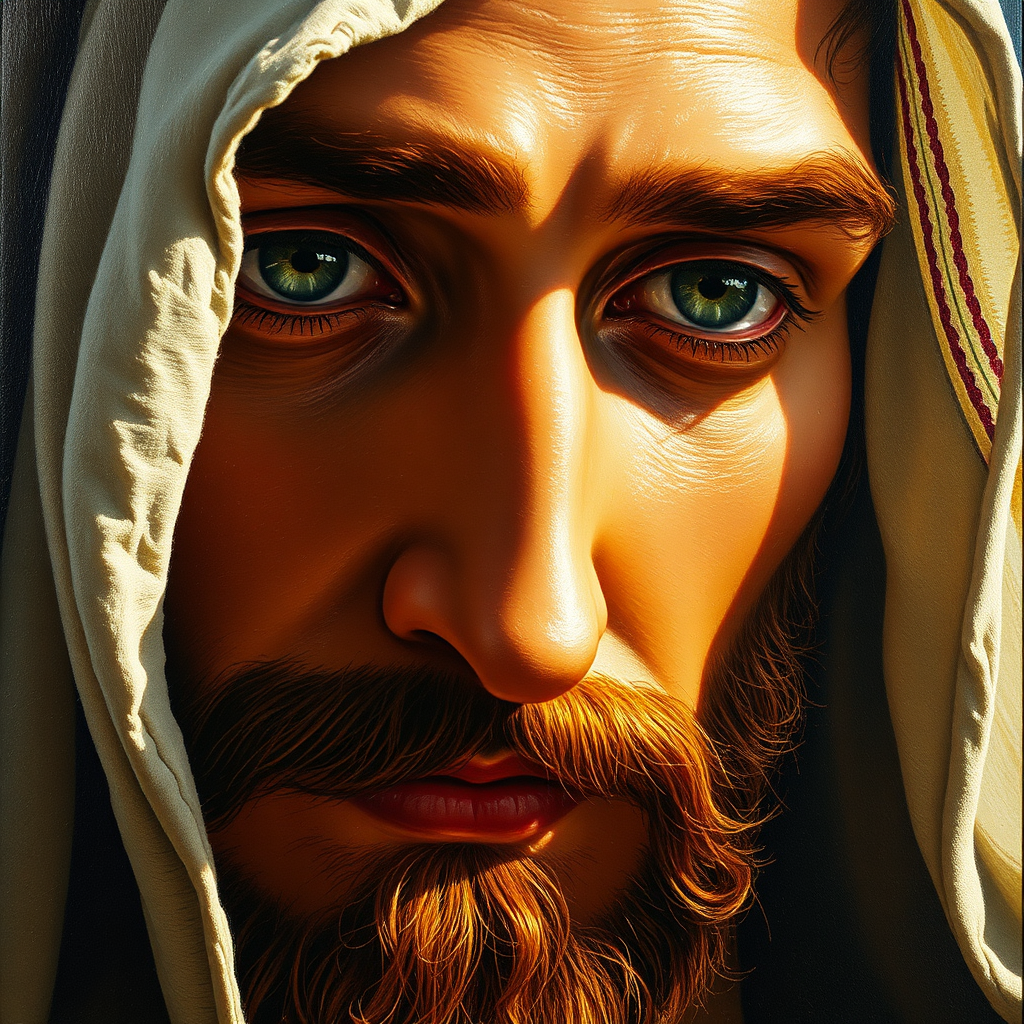 A close-up, photorealistic oil painting detail of Jesus, showcasing the texture of the paint, brushstrokes, and emotive details of the face, bathed in heavenly light. Style: Renaissance with hyperrealistic detail. 4k resolution.