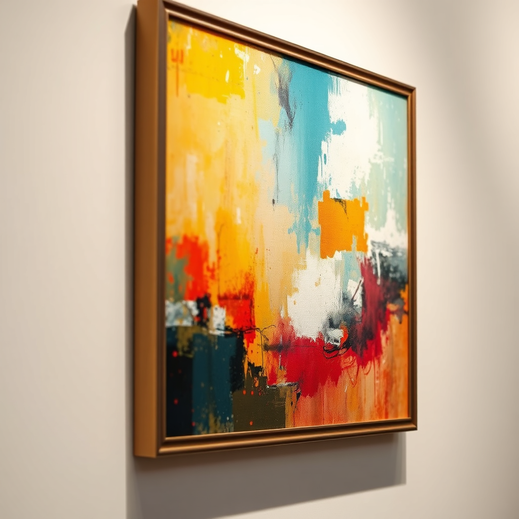 A close-up shot of a beautifully framed abstract oil painting hanging on a gallery wall. The painting features vibrant colors and dynamic textures. Soft, diffused lighting to showcase the artwork. Style: Photorealistic. Technical specs: 4K resolution, shallow depth of field.