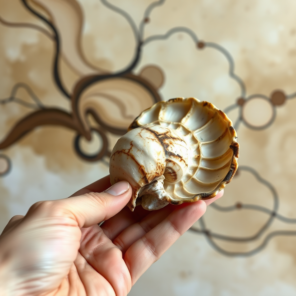 A close-up shot of an artist's hand holding a seashell, with the intricate patterns and textures of the shell serving as inspiration for an abstract painting in the background. The painting features swirling lines and organic shapes in muted earth tones. Soft, diffused light enhances the natural beauty of both the shell and the painting. Style: Photorealistic. Technical specs: 4K resolution, shallow depth of field.