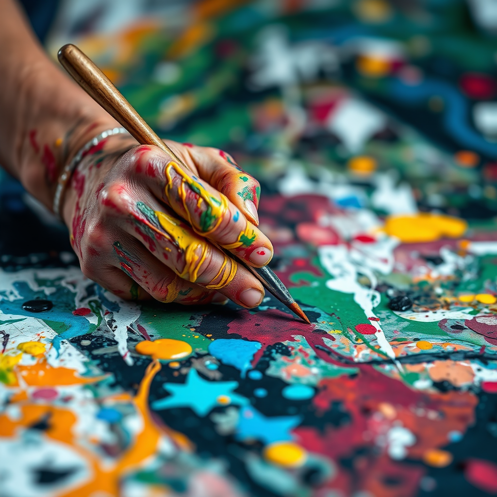 A close-up shot of an artist's hands creating an abstract artwork. The hands are covered in paint, and the canvas is a riot of colors and textures. The focus is on the energy and passion of the creative process. Dynamic lighting and vibrant colors. Style: Action painting. Technical specs: 4K resolution, high detail.