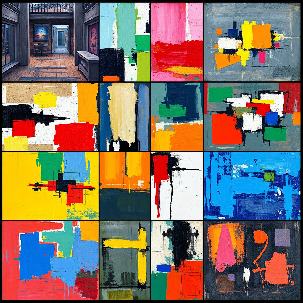 A collage of different abstract art styles, ranging from geometric abstraction to color field painting to action painting. Each style is represented in a small, distinct section of the collage, showcasing the diversity of abstract art. Bright, vibrant colors and dynamic compositions. Style: Collage, diverse. Technical specs: 4K resolution, high contrast.