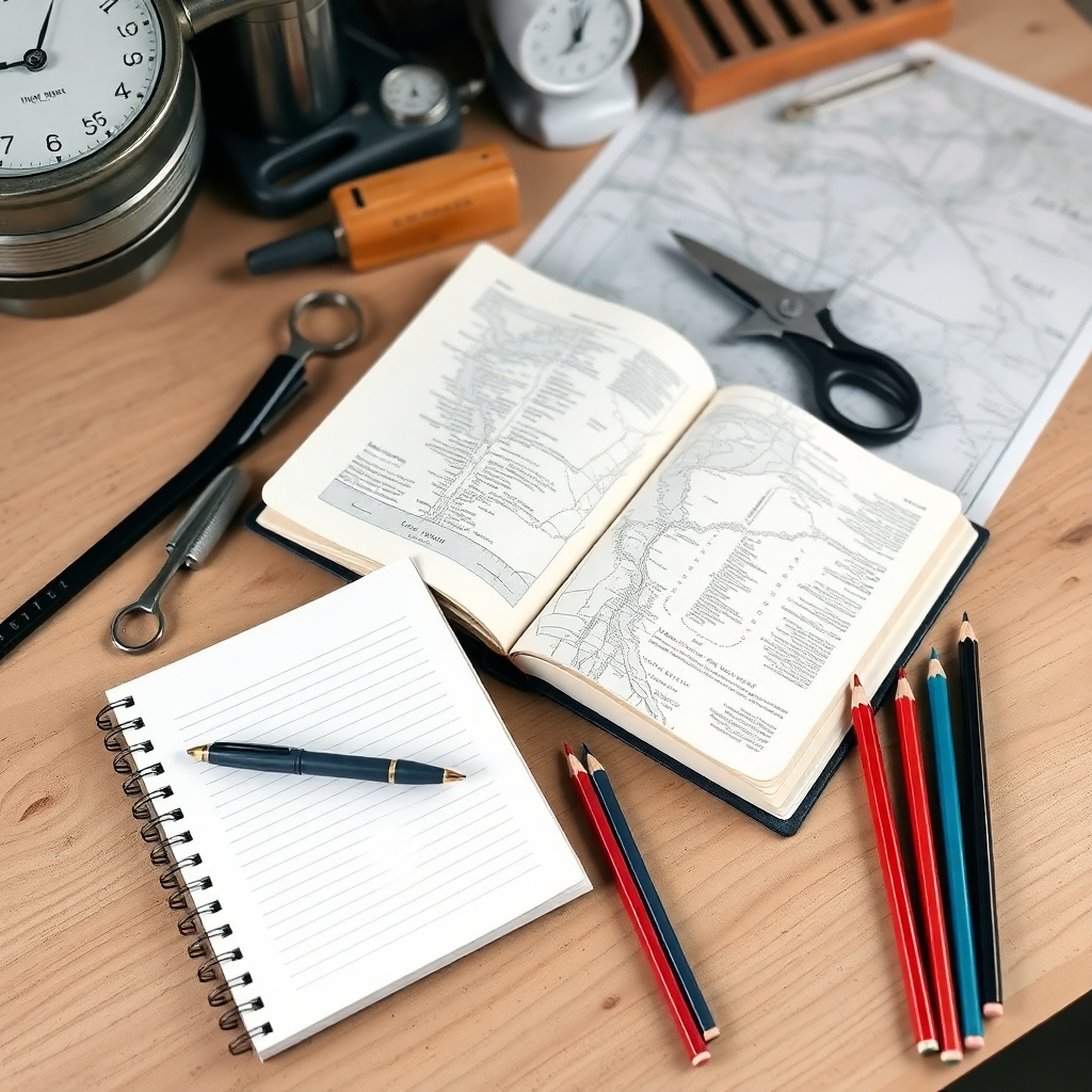 A collection of tools arranged neatly on a workbench: a journal, a pen, a Bible, a map, and a set of colored pencils. Each tool represents a different aspect of the journey. The workbench is clean and organized, symbolizing clarity and focus. Technical specs: 4K resolution, photorealistic.