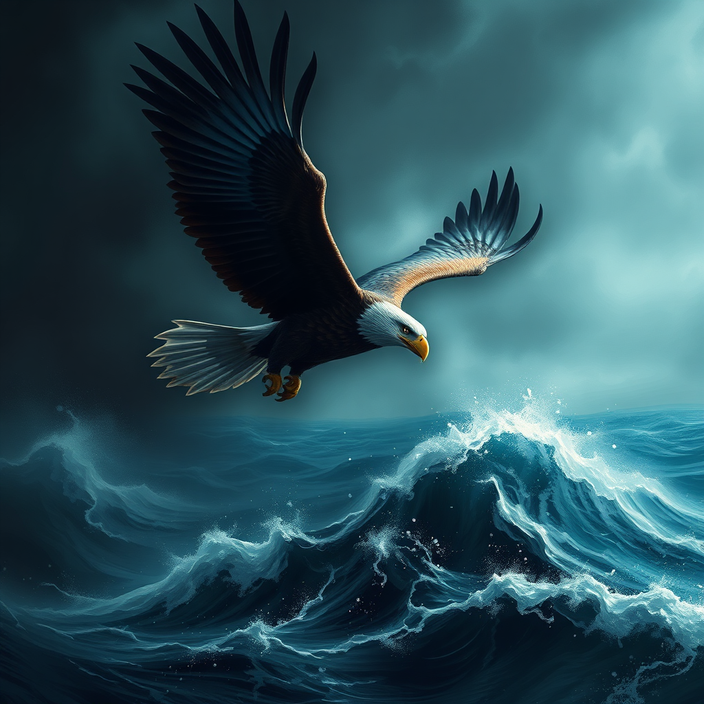 A conceptual digital painting depicting a majestic eagle soaring above a stormy sea. The eagle symbolizes strength, freedom, and resilience. The stormy sea represents challenges and obstacles. The overall composition should convey a sense of drama and power. The color palette should be dark and moody, with dramatic lighting and shadows. Technical specs: 4K resolution, digital painting.