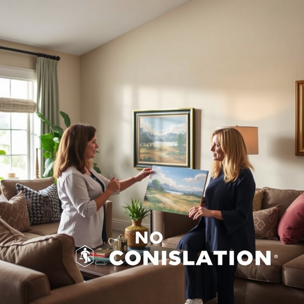 A cozy, well-lit living room with a consultant advising a client on artwork selection. The client is relaxed and engaged, holding up a sample painting. The overall atmosphere is inviting and professional, conveying the value of personalized art consultation.