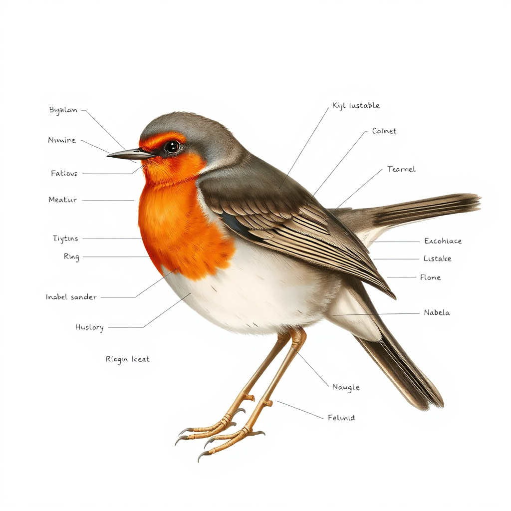 A detailed anatomical illustration of a robin, highlighting key skeletal and muscular features. The drawing should showcase the bird's bone structure, feather arrangement, and muscle groups with clear labels and annotations. The style is scientific and informative, with a focus on accuracy and clarity. The color palette is muted and neutral, with subtle shading to indicate form and depth. Background is plain white. Technical specs: 4K resolution, high-quality rendering.