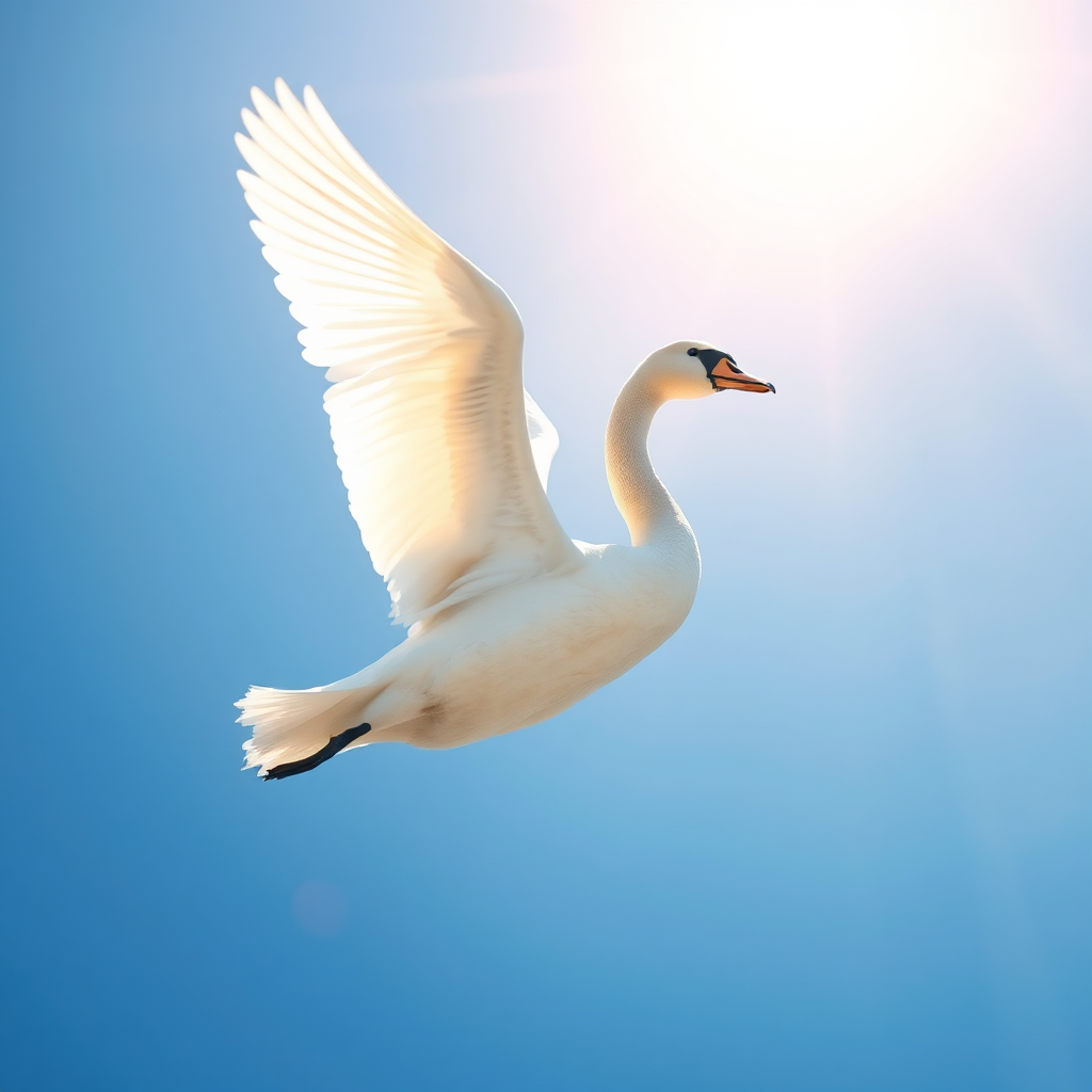 A dreamlike image of a swan soaring through a clear blue sky. The swan's wings are bathed in sunlight, and its body is surrounded by a halo of light. Use a vibrant color palette and soft focus. Style: Surrealism. Resolution: 4K.