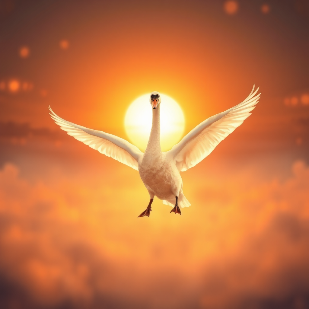 A dreamlike image of a swan taking flight towards a radiant sunrise. The swan's wings are spread wide, and its body is bathed in golden light. Use soft focus and a vibrant color palette to create a sense of transcendence. Style: Surrealism. Resolution: 4K.