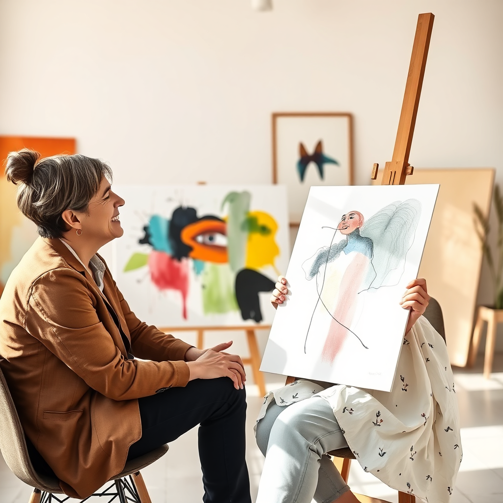 A friendly art consultant sitting with a client in a bright studio, reviewing the client's abstract artwork. The consultant is providing constructive feedback and encouragement. Warm and inviting atmosphere. Style: Realistic. Technical specs: 4K resolution, natural lighting.