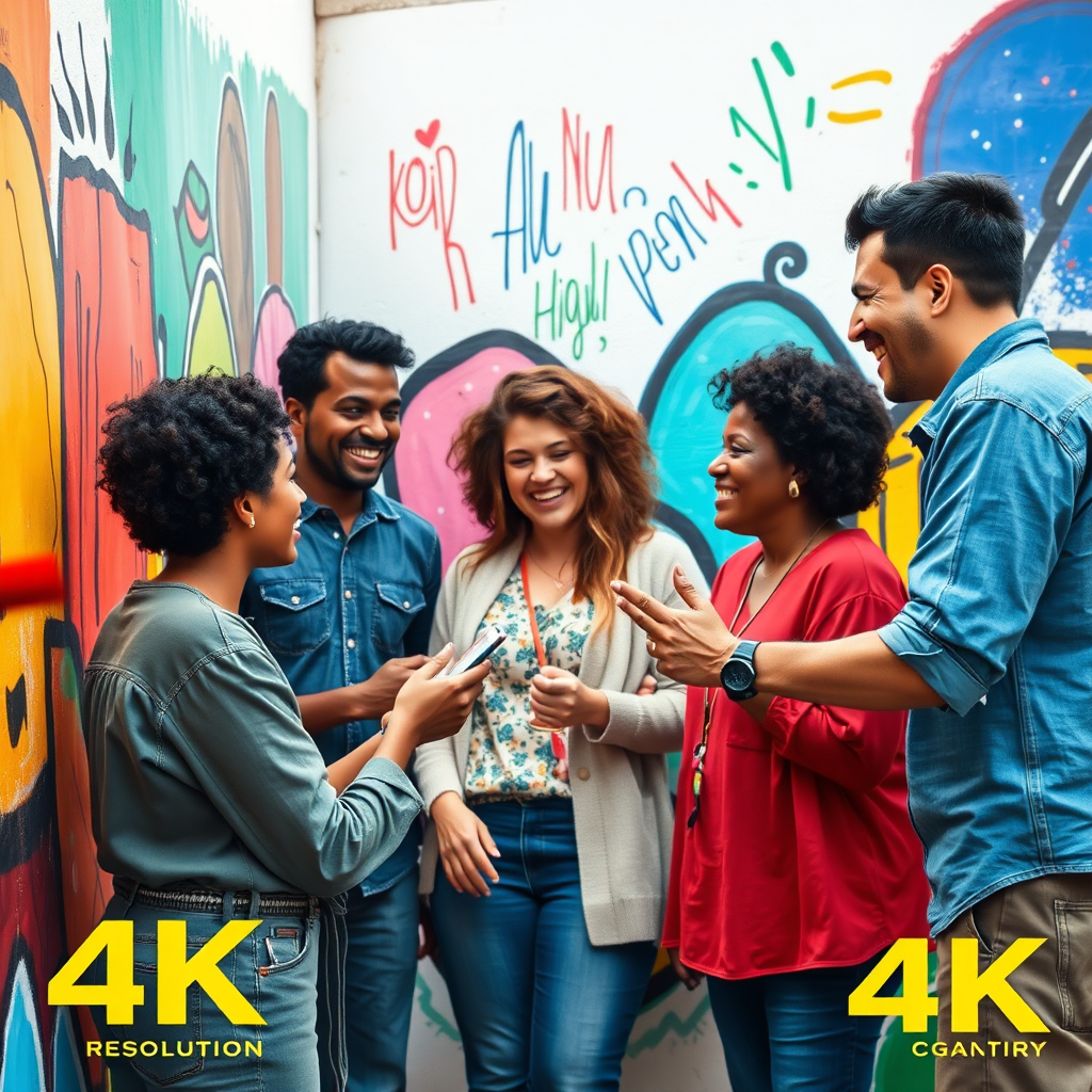 A group of people collaborating on a mural, laughing and sharing ideas. The scene conveys a sense of community and connection. The colors are vibrant and diverse, reflecting the different personalities and perspectives. 4K resolution, high quality.