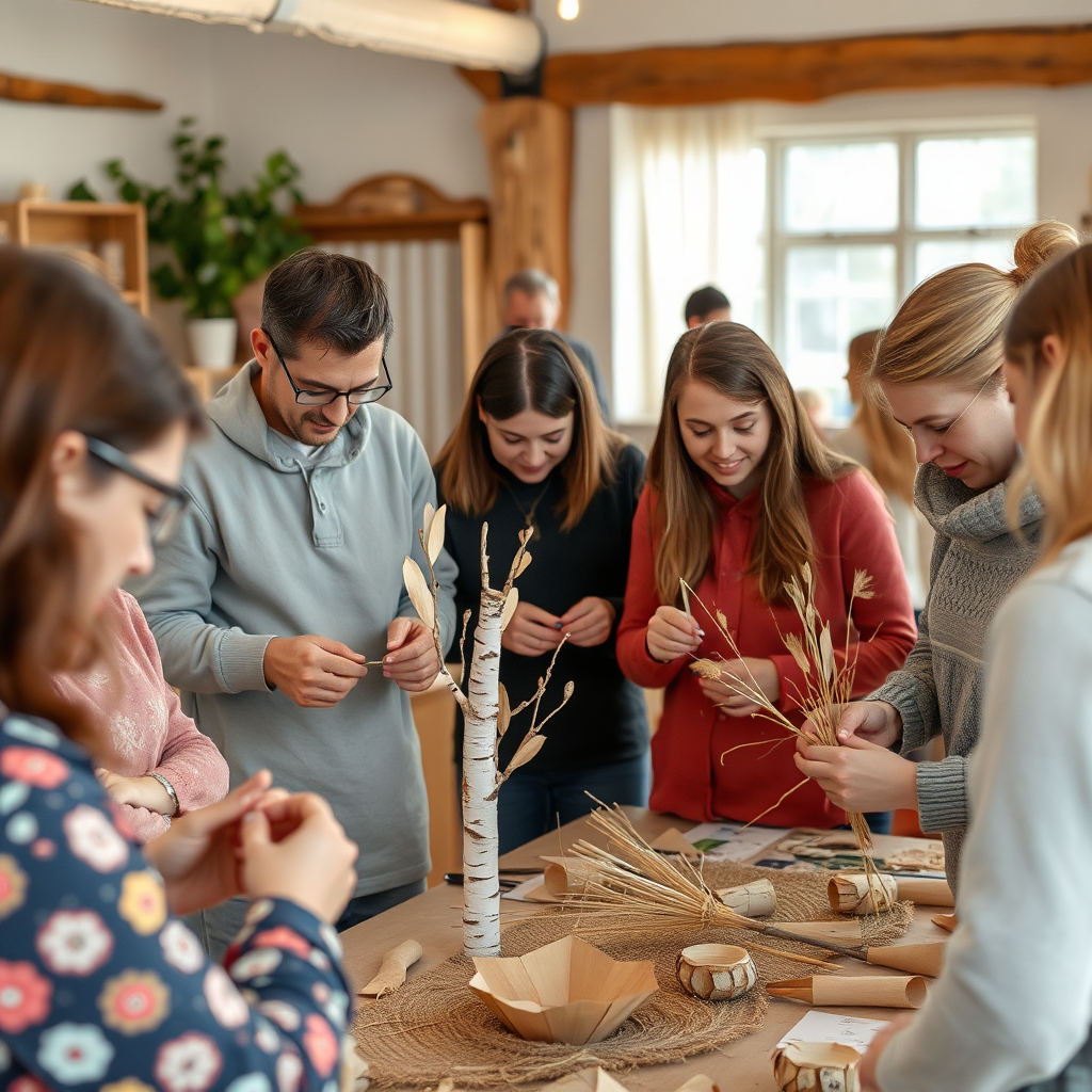 A group of people participating in a paper birch crafting workshop. Focus on the hands-on activity and the sense of community. 4K resolution.