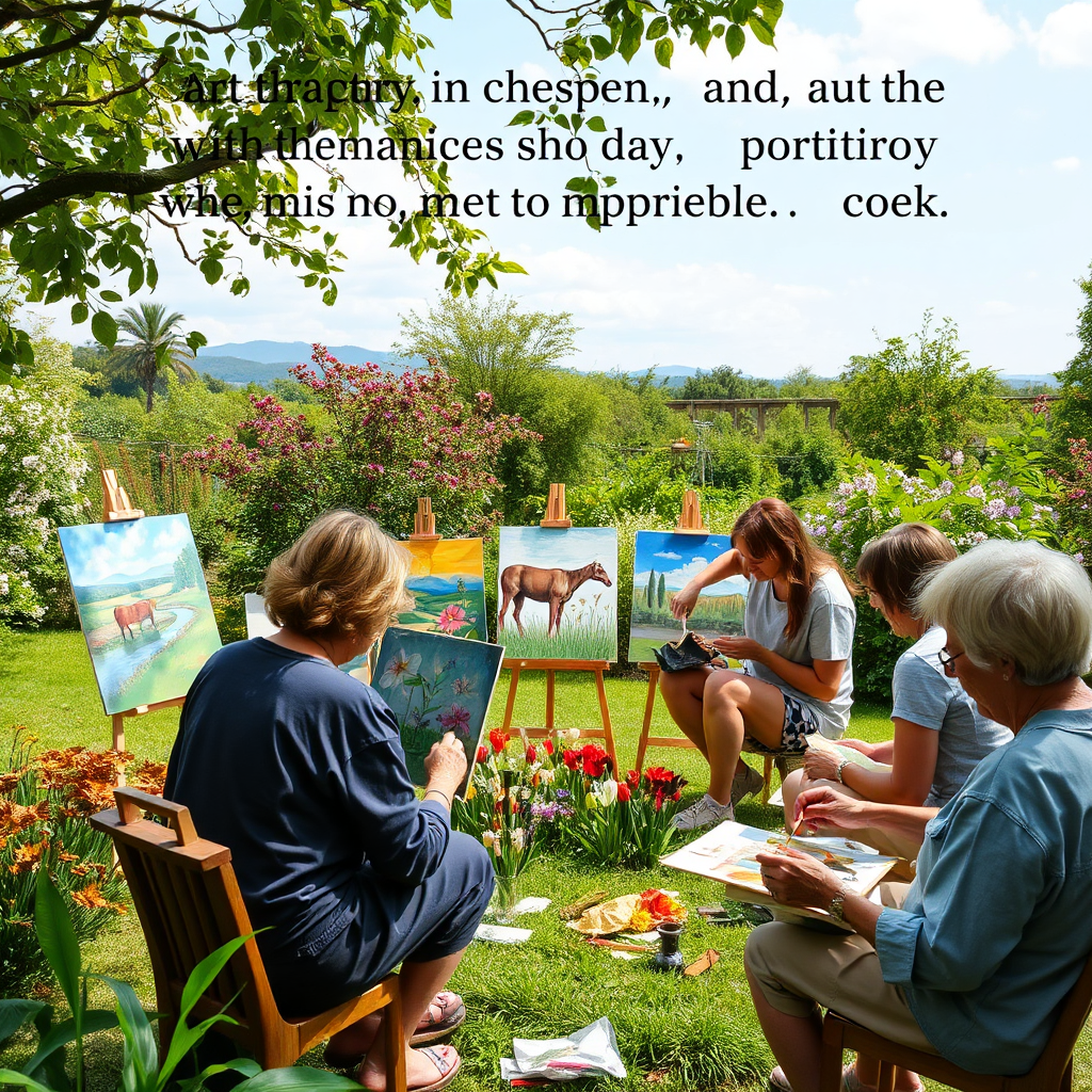 A group of people participating in an art therapy session in a serene garden. They are painting landscapes, drawing flowers, and creating collages using natural materials. The atmosphere is relaxed and supportive, emphasizing the therapeutic benefits of art. The overall message is to encourage the exploration of art as a tool for healing and inspiration.