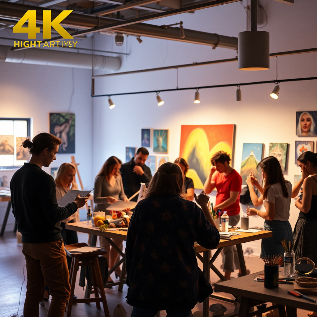 A group of people participating in an art workshop, working on different projects and sharing ideas. The scene conveys a sense of community and collaboration. The lighting is vibrant and energetic, promoting creativity and connection. 4K resolution, high quality.
