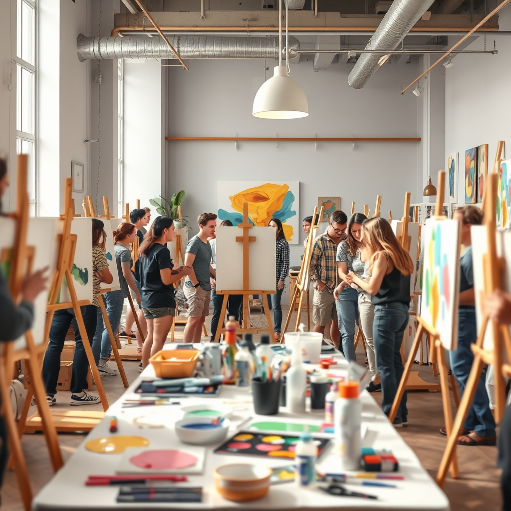 A group of people participating in an abstract art workshop, surrounded by easels, paints, and other art supplies. The atmosphere is lively and collaborative. Bright and cheerful lighting. Style: Realistic. Technical specs: 4K resolution, dynamic composition.