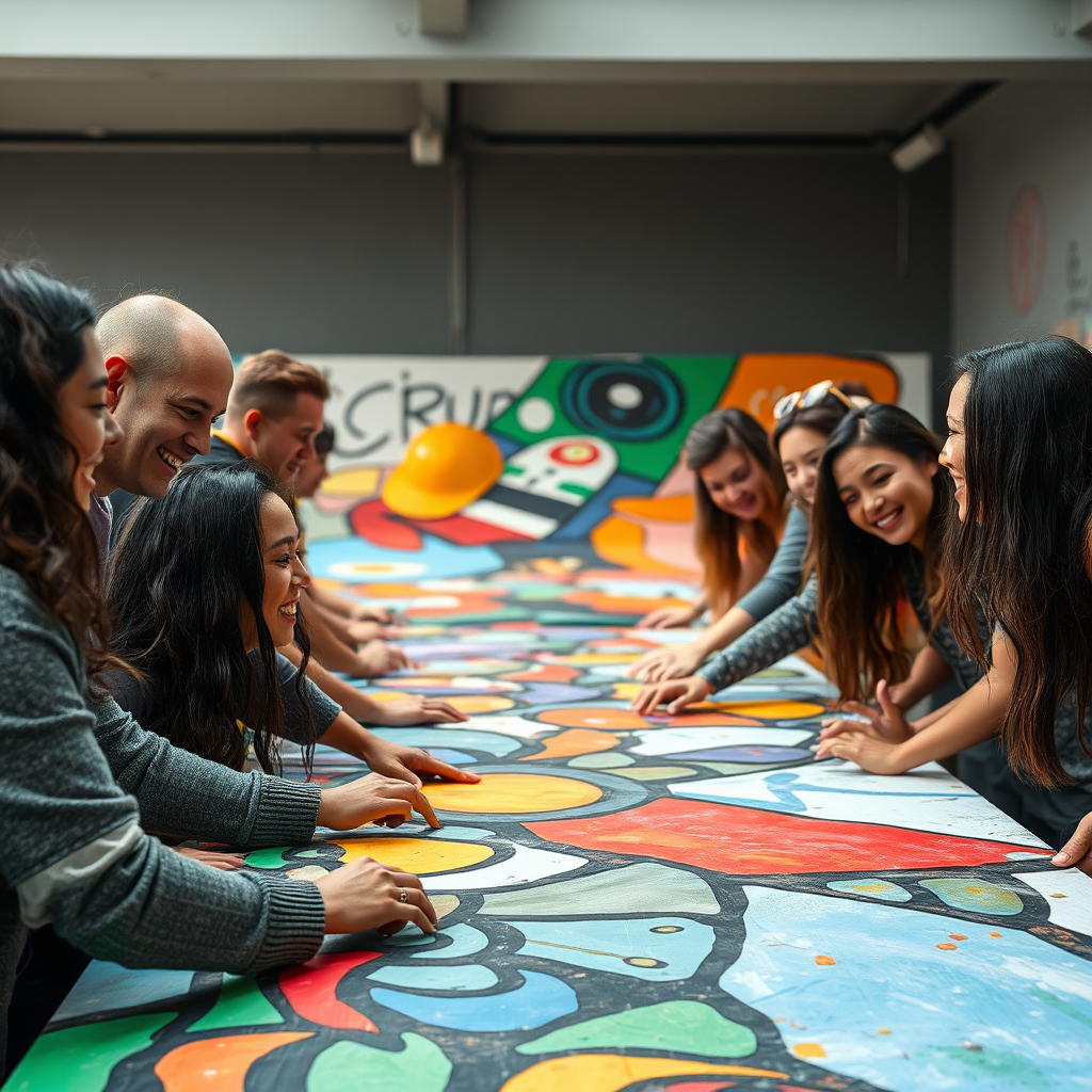 A group of people working together on a large-scale art project, such as a mural or a collaborative painting. The participants are smiling and engaged, creating a sense of community and connection. The artwork is colorful and expressive, reflecting the collective energy of the group. Style: Documentary, candid. Technical specs: 4K resolution.