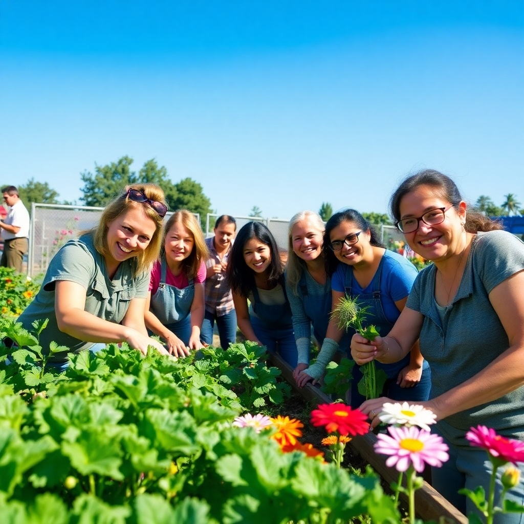 A group of volunteers working together in a community garden. Bright, sunny day, diverse group of people. Focus on the expressions of joy and collaboration. The garden is flourishing with vegetables and flowers. The image should convey a sense of purpose and community. Style is inspired by documentary photography, emphasizing realism and social impact.