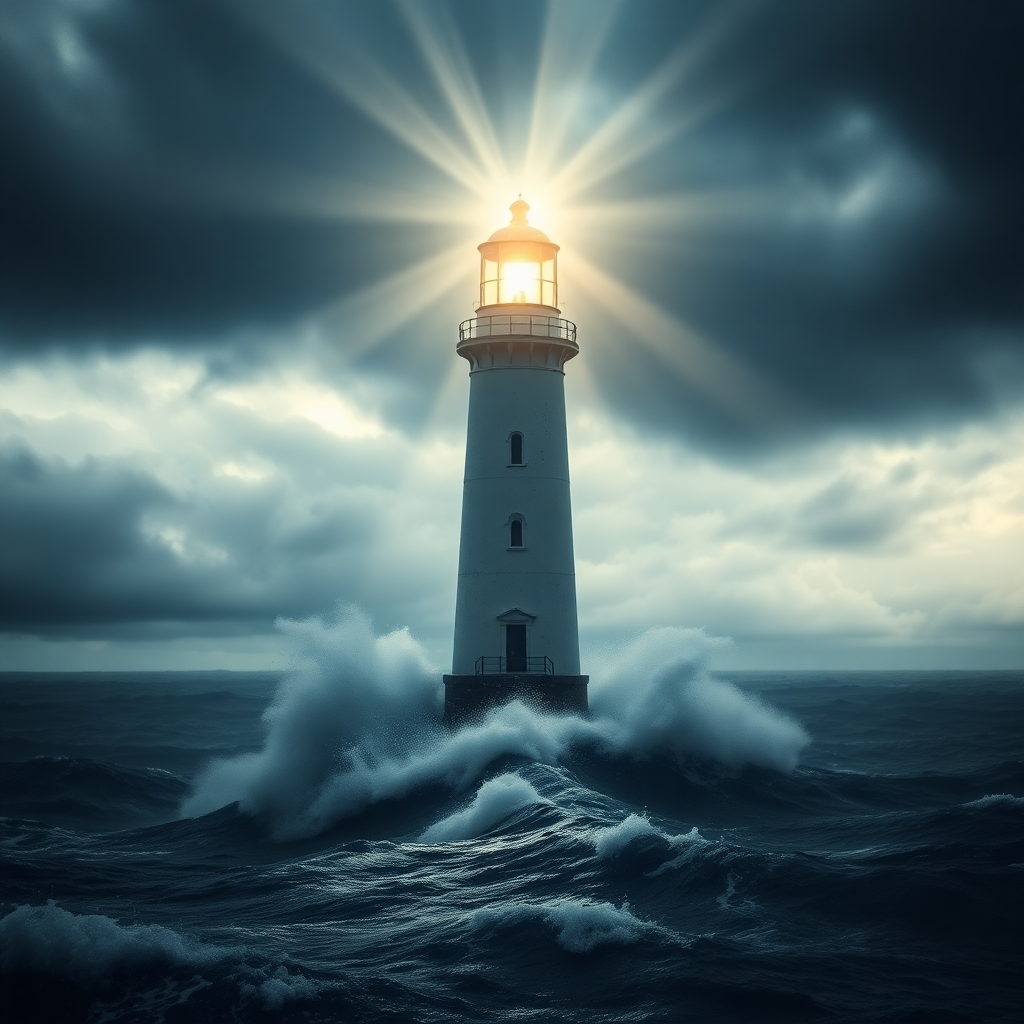 A lighthouse shining brightly against a dark, stormy sea. Powerful beam of light, dramatic sky. Focus on the textures of the lighthouse and the waves. The image should evoke a sense of hope and guidance. Style is inspired by dramatic landscape photography, with a focus on symbolism and emotion.