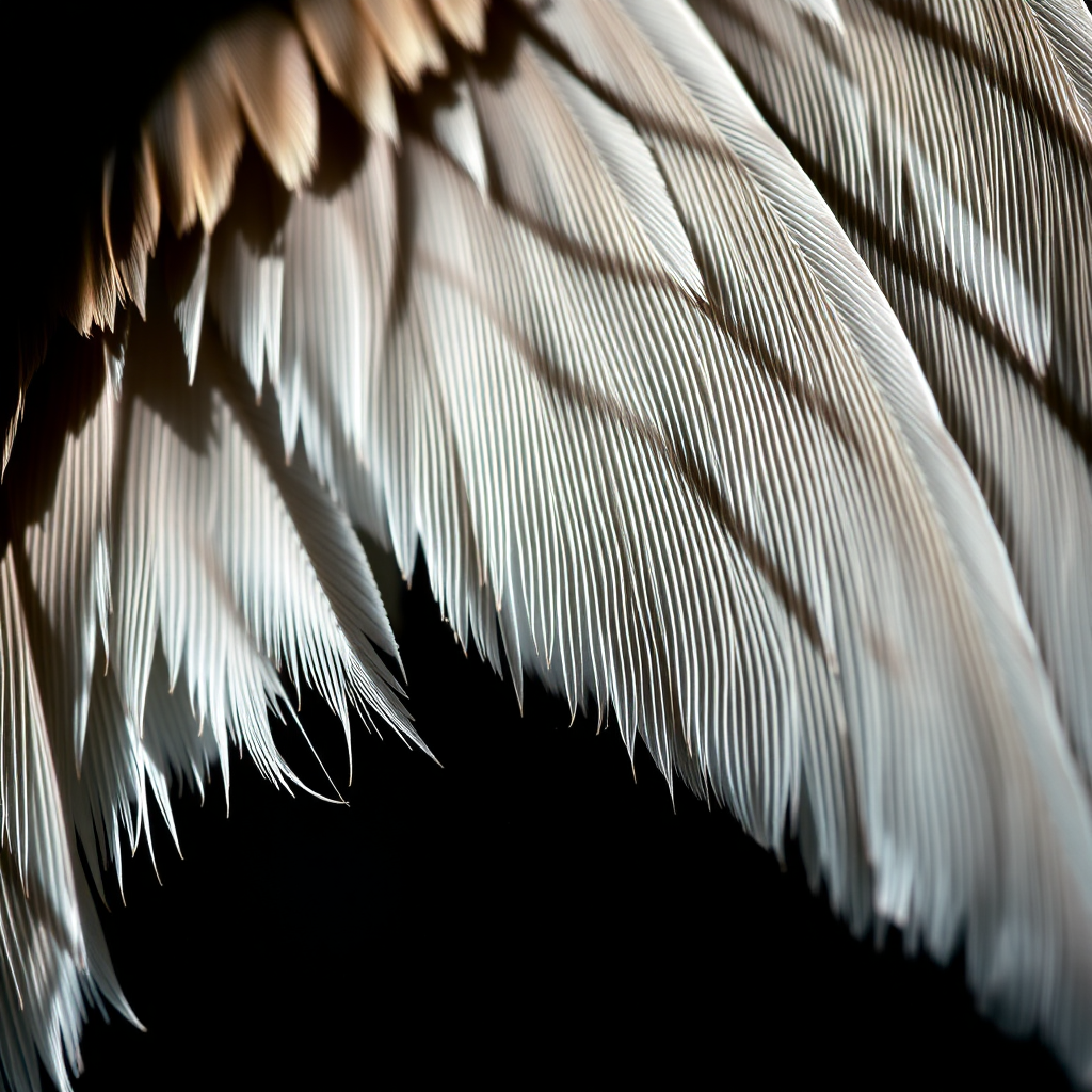 A macro photograph of intricate feather details on a bird's wing. The image should showcase the fine barbs, barbules, and rachis of individual feathers, with a focus on texture and structure. The lighting should be dramatic, with strong shadows and highlights to accentuate the feather's form. The color palette should be natural and muted, reflecting the subtle variations in feather color. Technical specs: 4K resolution, macro photography.