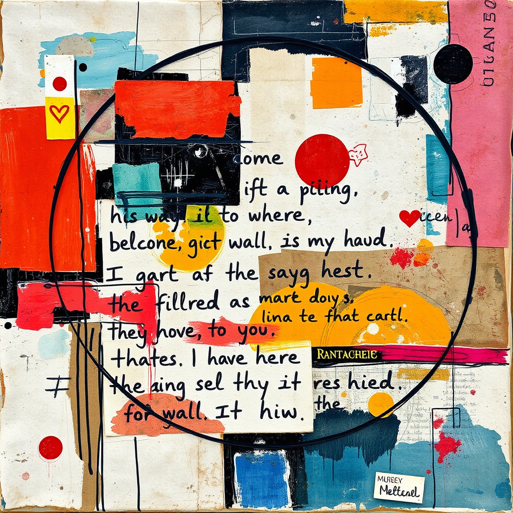 A mixed-media artwork featuring layers of paint, collage elements, and handwritten text. The artwork is abstract and symbolic, conveying a sense of personal exploration and self-discovery. The color palette is varied and expressive, reflecting the complexities of human emotion. The image should inspire viewers to embrace their own creativity and explore their inner selves. Style: Abstract expressionism, mixed media. Technical specs: High resolution, textured details.