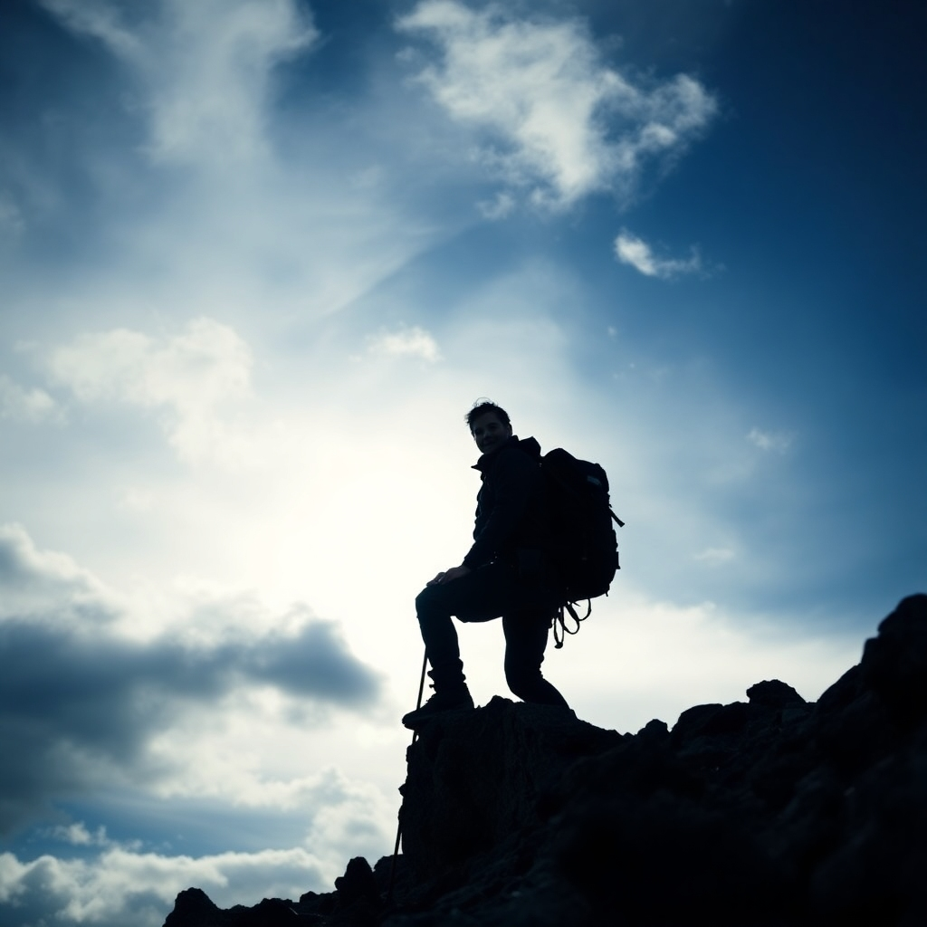 A mountain climber reaching the summit, silhouetted against a dramatic sky. Strong, determined expression, rocky terrain. Focus on the textures of the rocks and the climber's gear. The image should evoke a sense of resilience and determination. Style is inspired by adventure photography, with a focus on overcoming obstacles.