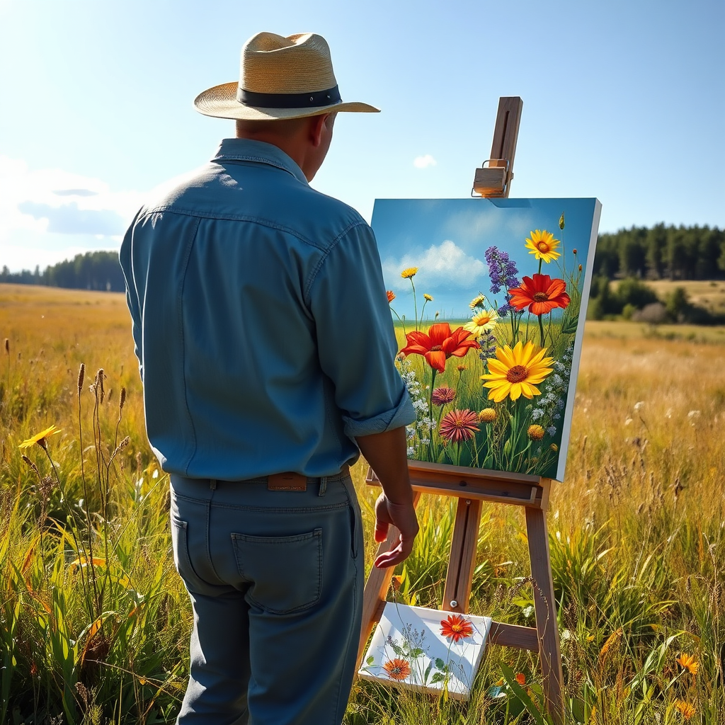 A painter standing before an easel in a sun-drenched meadow, capturing the vibrant colors and textures of wildflowers on canvas. The painting is partially completed, showcasing the artist's process of translating nature's beauty into art. The scene should be full of energy and inspiration, emphasizing the creative connection between the artist and the natural world. Use a vibrant color palette and dynamic composition to convey the sense of excitement and inspiration.