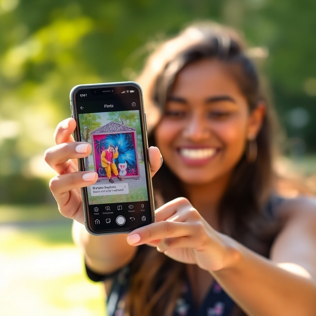 A person happily sharing their new artwork on social media using a mobile phone. The phone screen is visible, showing the shared post. Bright, natural lighting. 4K resolution.