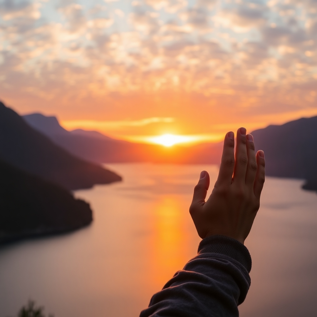 A person looking out at a beautiful sunset, hands clasped in gratitude. Warm, golden light, peaceful atmosphere. The landscape is serene with mountains and a calm lake. Focus on the textures of the sky and the water. The image should evoke a sense of peace and appreciation. Style is inspired by landscape photography, with a focus on natural beauty and emotion.