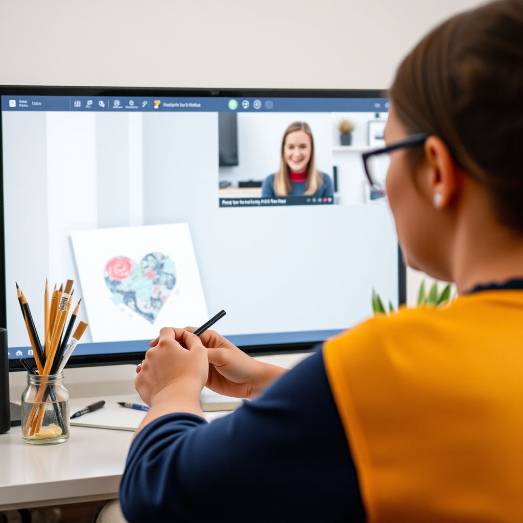A person participating in an online art therapy session, interacting with a therapist via video conferencing. The person is shown creating art while engaging in a conversation with the therapist. The image should convey a sense of connection and support, despite the virtual setting. Style: Modern, technology-focused. Technical specs: 4K resolution.