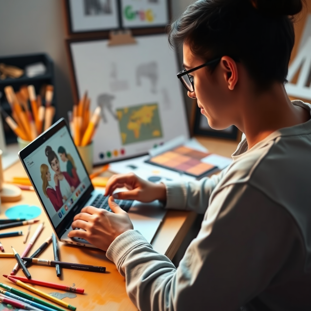 A person participating in an online art course on their laptop, with various art supplies scattered around. The scene conveys a sense of learning and discovery. The lighting is bright and stimulating, encouraging creativity. 4K resolution, high quality.