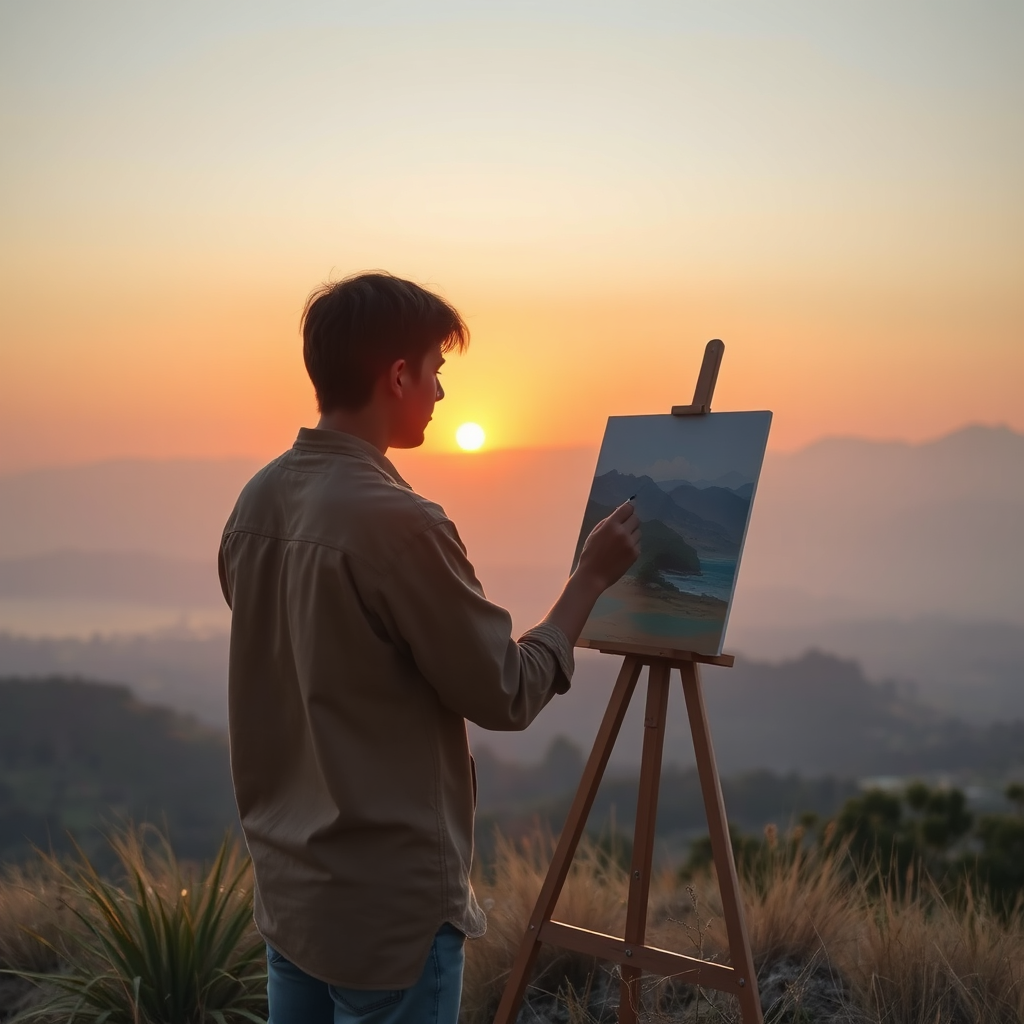 A person peacefully painting a landscape during a sunset. The scene is tranquil and serene, with warm golden light bathing the landscape. The colors are soft and muted, creating a sense of calm and peace. The composition is balanced and harmonious, with the person positioned in the foreground and the landscape stretching into the distance. 4K resolution, high quality.