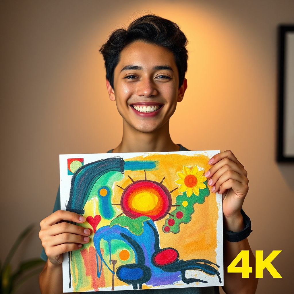 A person proudly displaying a finished artwork, with a confident and joyful expression. The artwork is colorful and expressive, reflecting their unique personality. The lighting is warm and inviting, highlighting their sense of accomplishment. 4K resolution, high quality.
