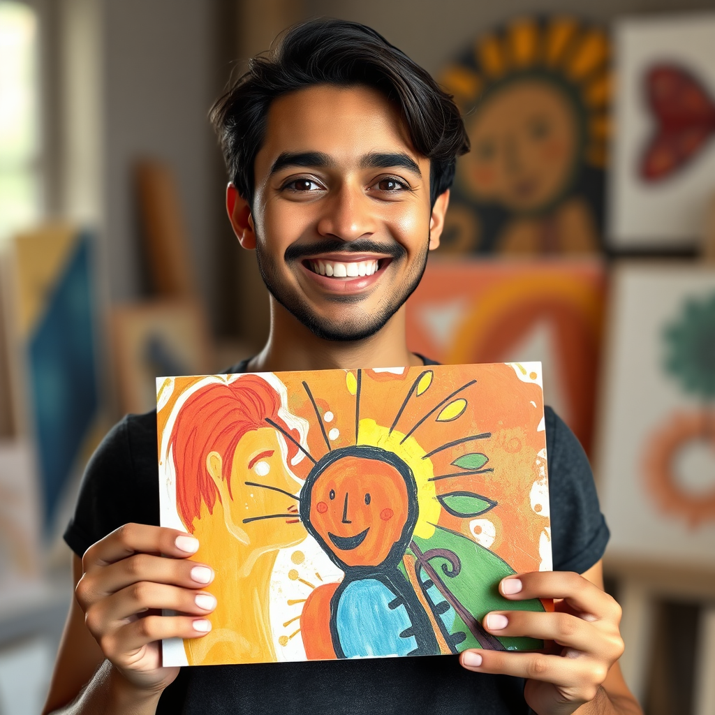A person proudly displaying their finished artwork, with a beaming smile on their face. The artwork should be colorful and expressive, reflecting the artist's personality and style. The background is blurred, focusing attention on the artist and their creation. Style: Candid, natural lighting. Technical specs: 4K resolution, shallow depth of field.