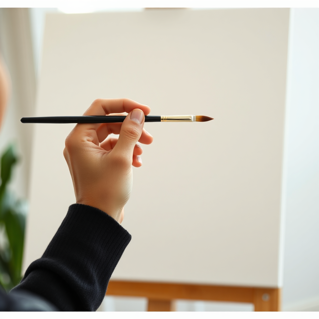 A person's hands gently holding a paintbrush, poised over a blank canvas. The background is blurred, creating a sense of focus and tranquility. Soft, natural light illuminates the scene, emphasizing the textures of the canvas and the paintbrush. The image should convey a sense of mindfulness, calm, and creative potential. Style: Soft focus, natural light. Technical specs: 4K resolution, shallow depth of field.