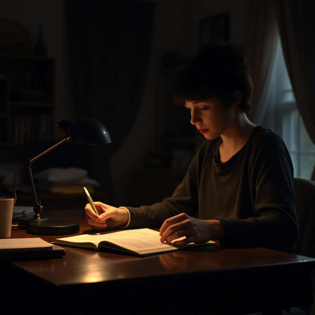 A person sitting at a desk, journaling in a dimly lit room. Soft, warm light from a desk lamp. The room is cozy and inviting, with personal touches. Focus on the textures of the paper, pen, and the person's hands. The image should evoke a sense of introspection and self-awareness. Style reference: Rembrandt lighting with a modern, photorealistic twist.