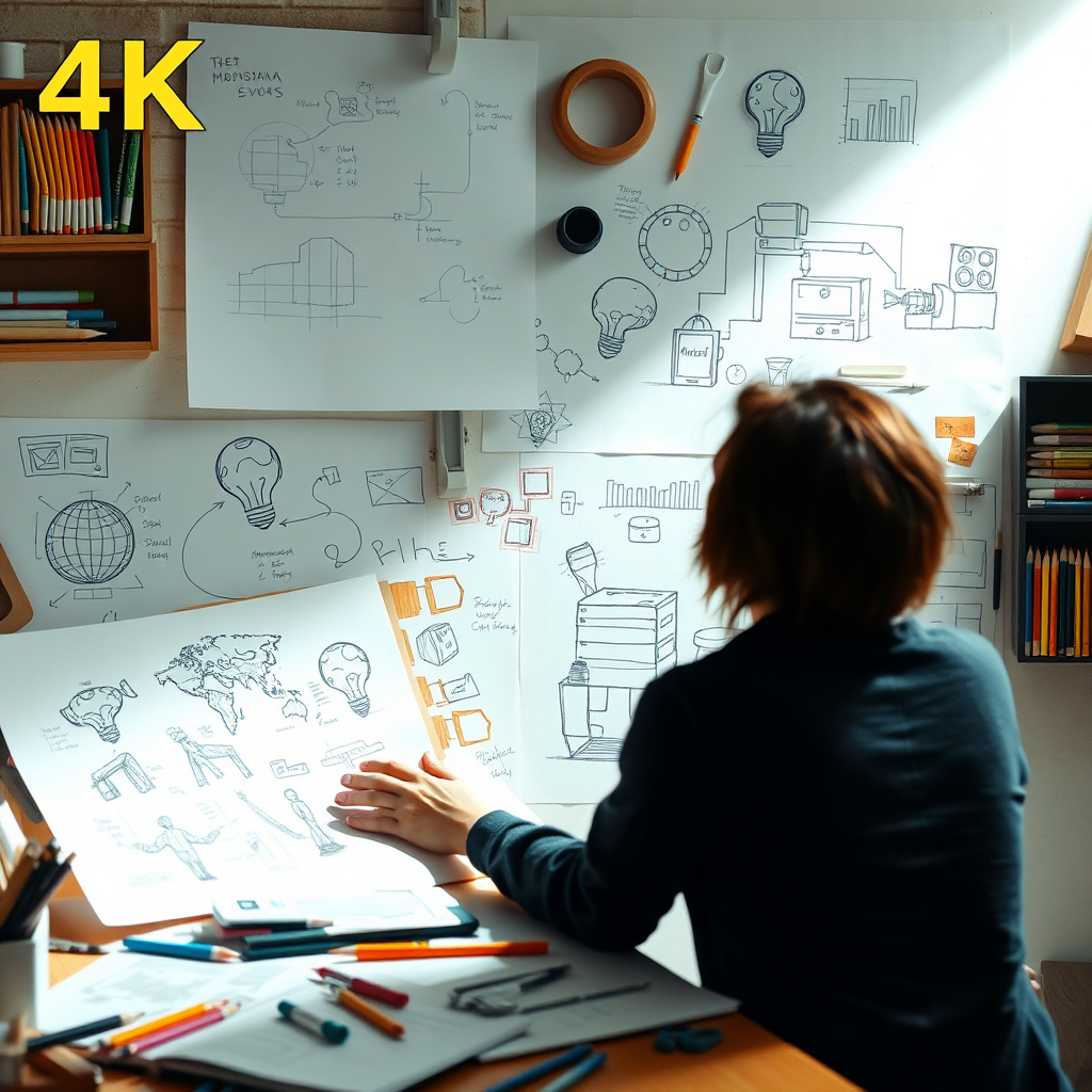 A person surrounded by sketches and art supplies, brainstorming ideas and exploring different solutions. The scene conveys a sense of creativity and innovation. The lighting is bright and energetic, stimulating the mind. 4K resolution, high quality.