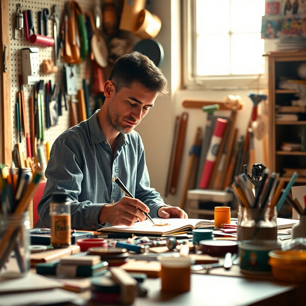 A person working on a creative project, surrounded by tools and materials. Bright, inspiring light, diverse range of tools and materials. Focus on the expression of concentration and passion. The scene should convey a sense of creativity and self-discovery. Style is inspired by studio photography, with a focus on detail and texture.