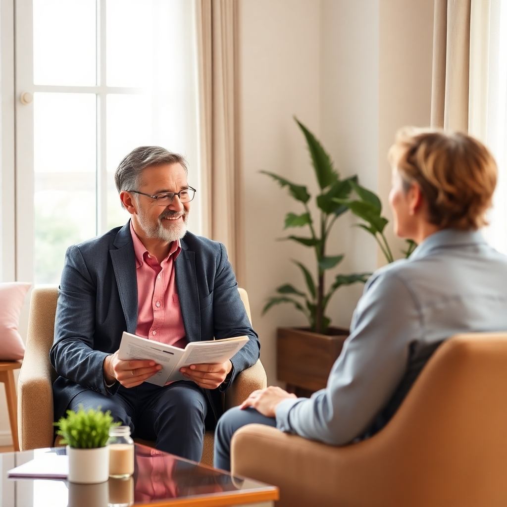 A photorealistic image depicting a financial coach sitting across from a client, reviewing financial plans. The atmosphere is warm, supportive, and encouraging. The coach should be pointing to encouraging data or biblical passage on personal finance. Style: Approachable, professional, and supportive. Resolution: 4K, high quality.