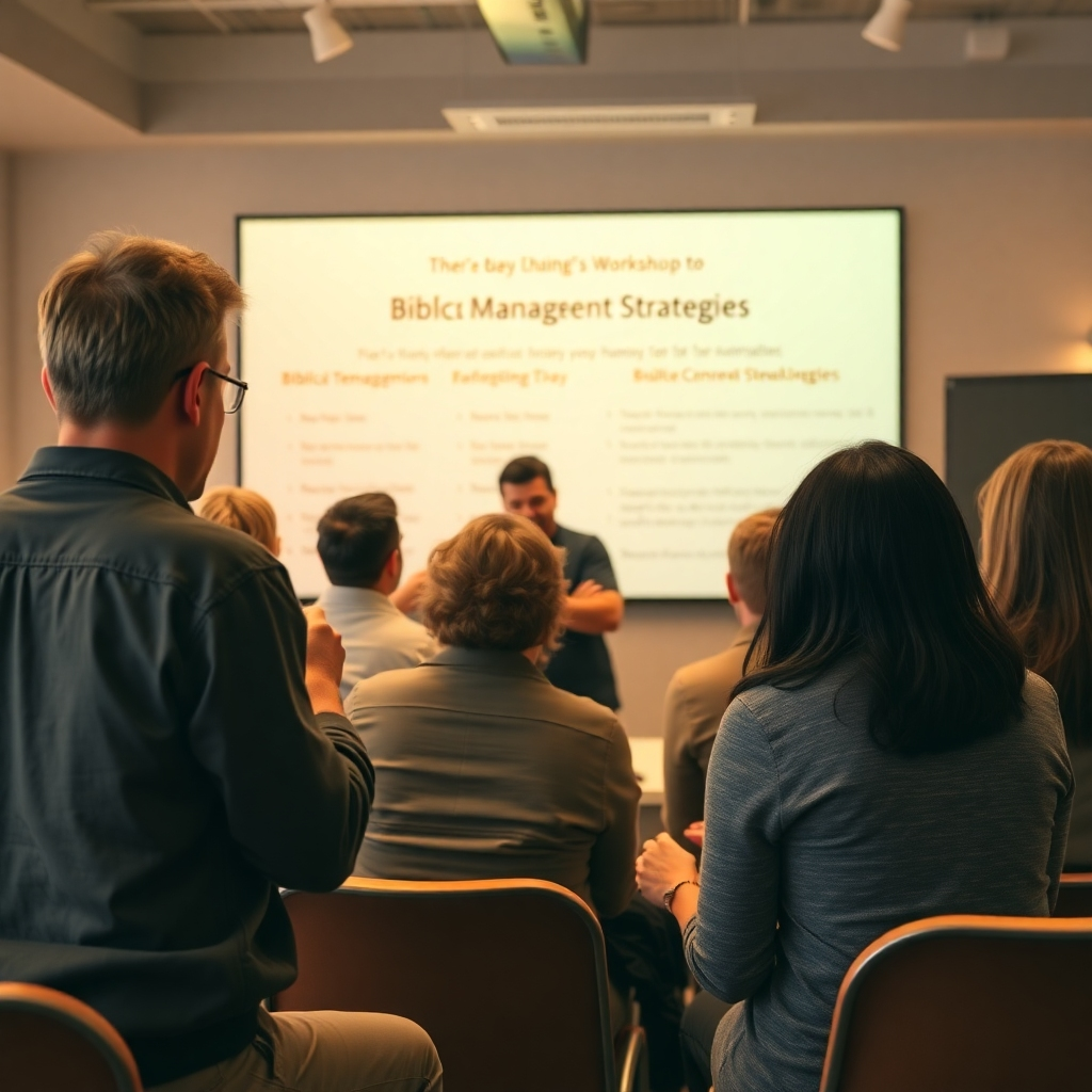 A photorealistic image depicting a group of people actively participating in a stewardship workshop. The atmosphere is engaging and collaborative, with participants sharing ideas and asking questions. The background shows presentation of biblical money management strategies. Style: Engaging, collaborative, and informative. Resolution: 4K, high quality.